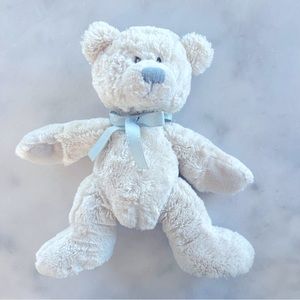 White teddy bear with blue ribbon. 11”